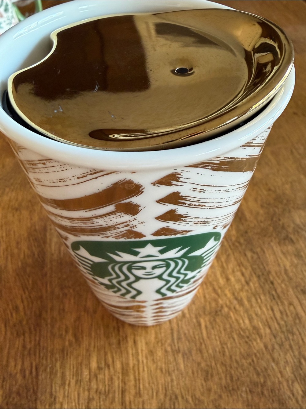 Starbucks White Ceramic Tumbler with Green Logo and Gold Accents